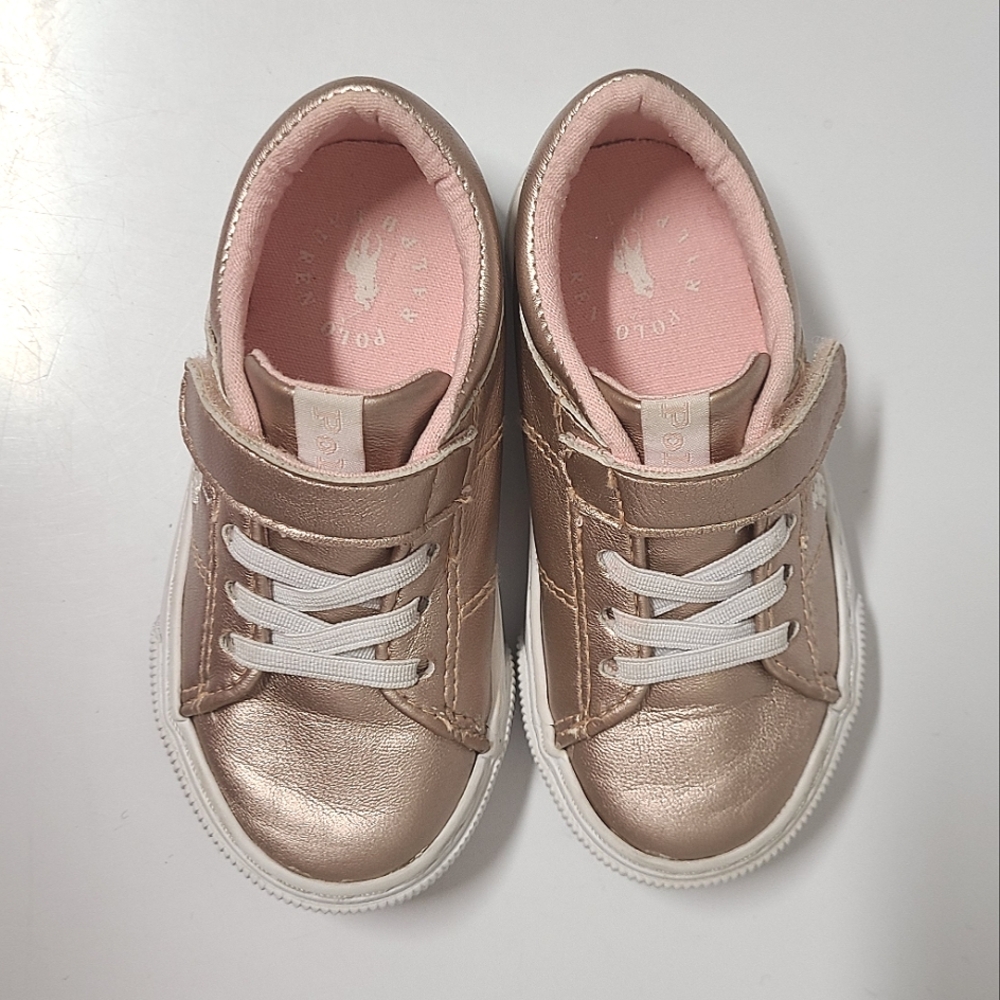 Polo Ralph Lauren Elmwood Velcro Sneakers Metallic Pink Girl's Sz 7 - Picture 6 of 15